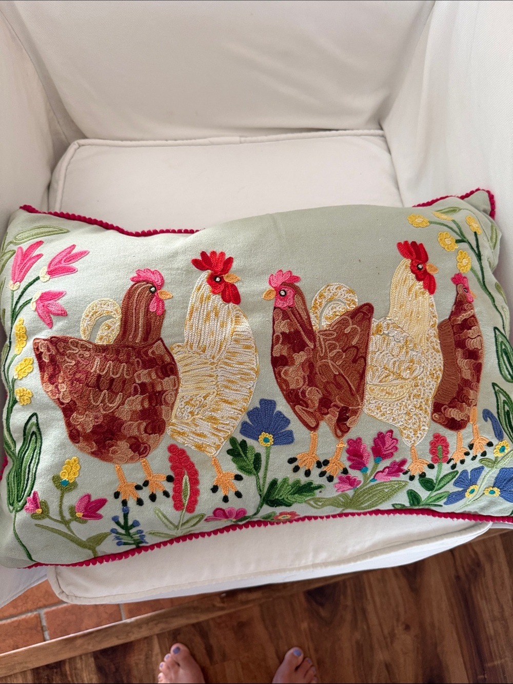 Embroidered Hen Row Accent Pillow in Multi-Color